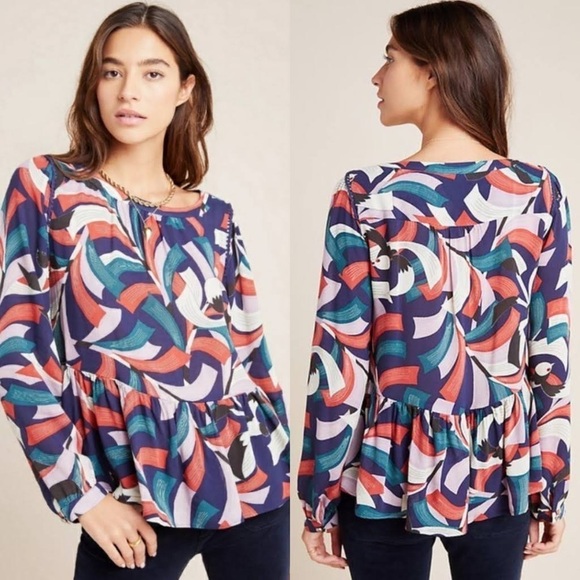 Anthropologie‎ Maeve Blouse Colorful Long Sleeve Shirt Cheyenne Peplum Top Small - Picture 1 of 11